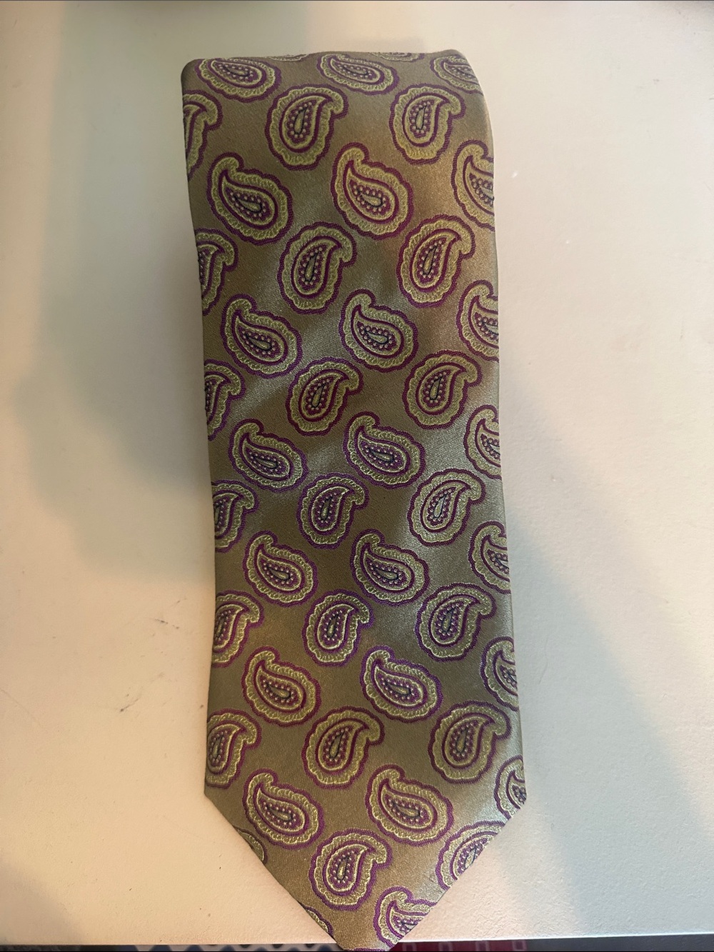 Canali Olive Green Silk Paisley Tie with Purple Accents